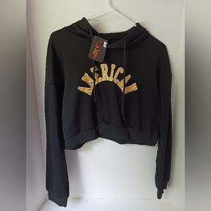 New Hot girl womens size large "american" black and gold hooded crop shirt.